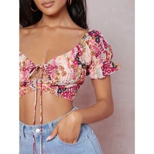 SHEIN Floral Print Vibrant Spring/ Summer Baby Doll  Tie Crop Top Women’s Size S